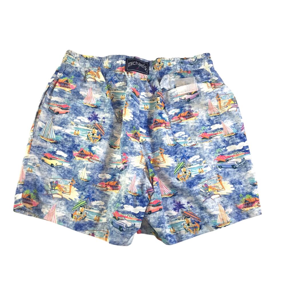 Swim Trunks XL Michael's Cars Boats Docks Beach Scene BL NWT